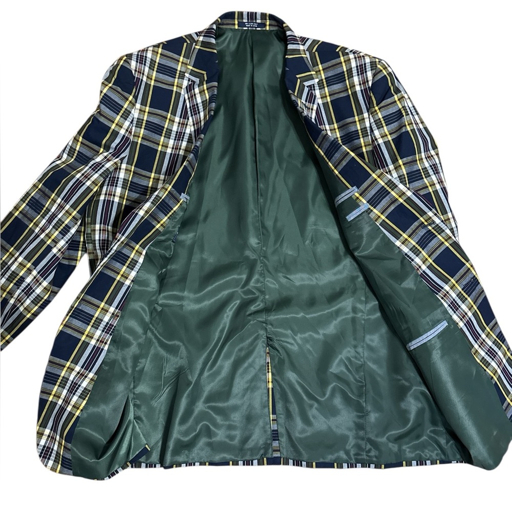 Saddlebred Navy, Yellow Tartan Plaid Sport Coat 46L - Picture 7 of 9